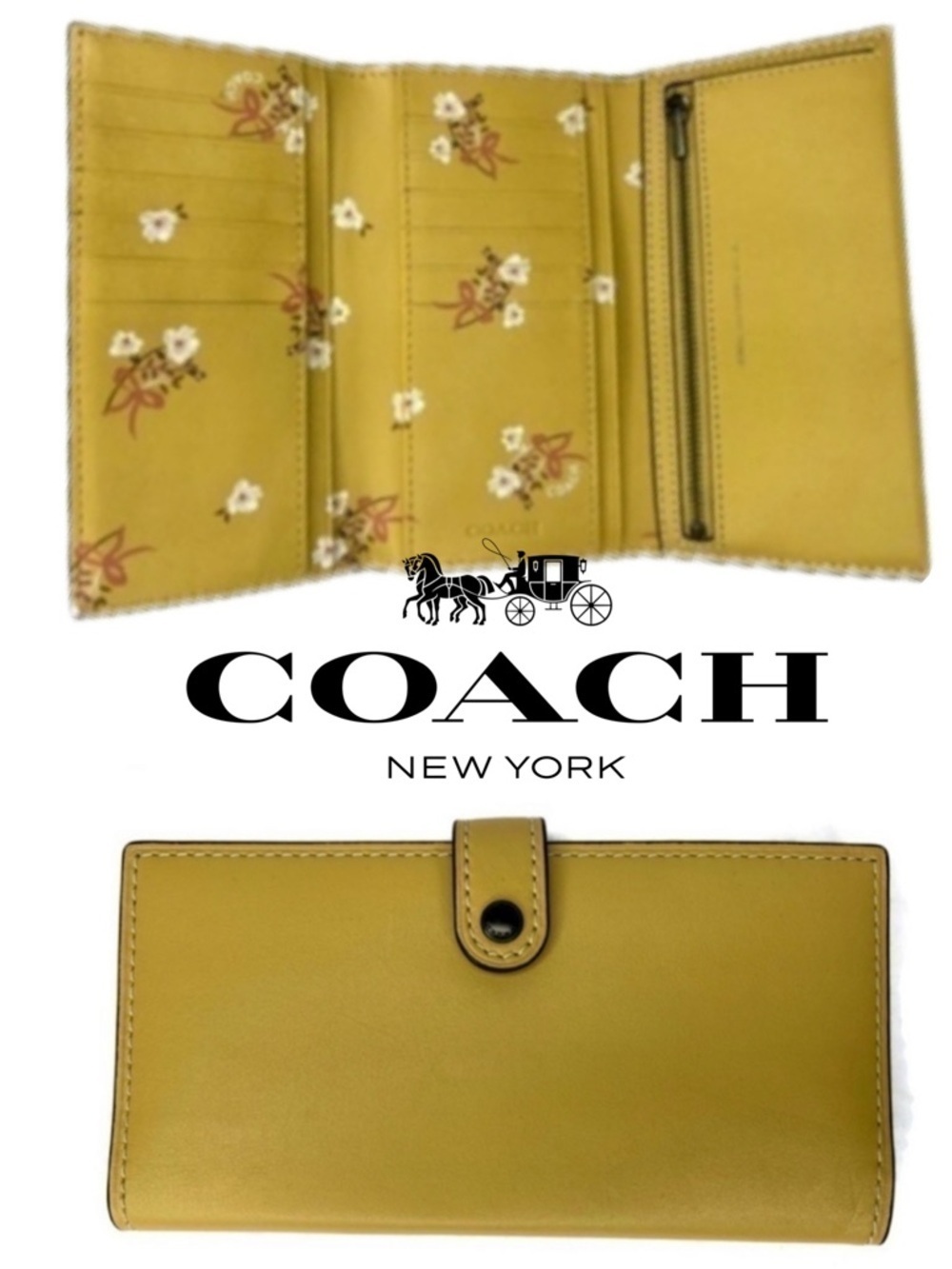 Coach Sunflower Glovetanned Leather Wallet Hay Color Floral Glitter Bow Yellow